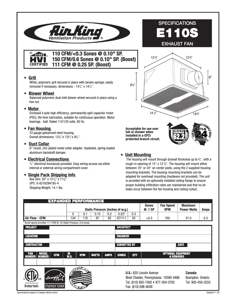 Page 1 de la notice Fiche technique Air King E110S