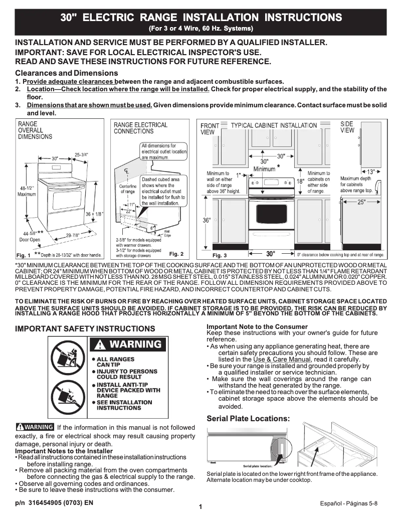 Page 1 de la notice Guide d'installation Frigidaire FEF336ES