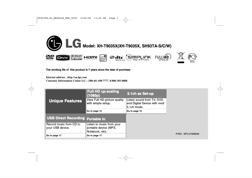 Page 1 de la notice Manuel utilisateur LG XH-T9035X