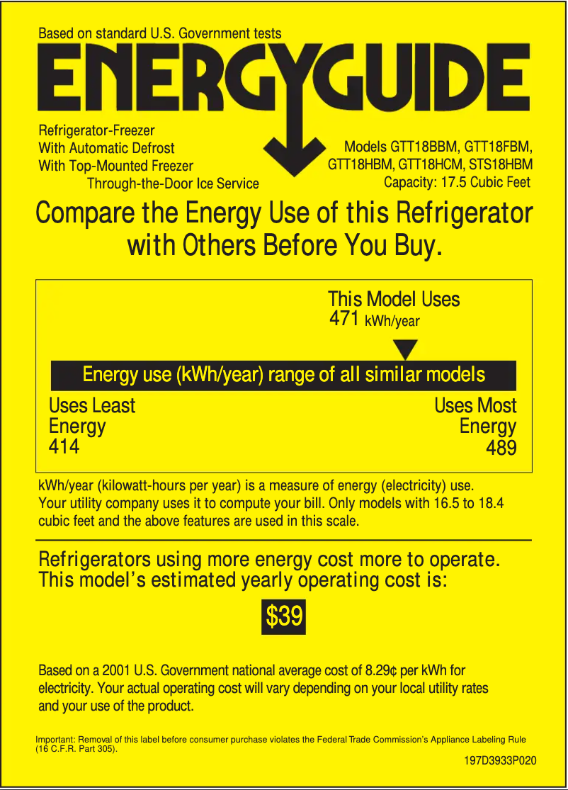 Page 1 de la notice Label énergétique GE GTT18HCMWW