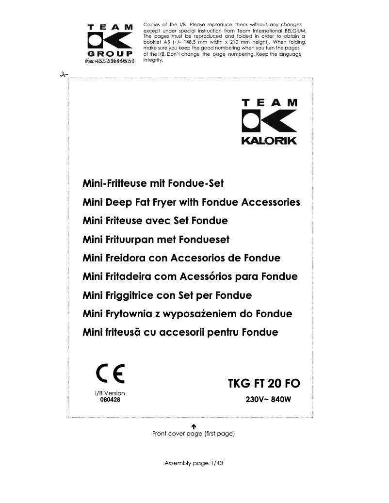 Page 1 de la notice Manuel utilisateur Team TKG FT 20 FO