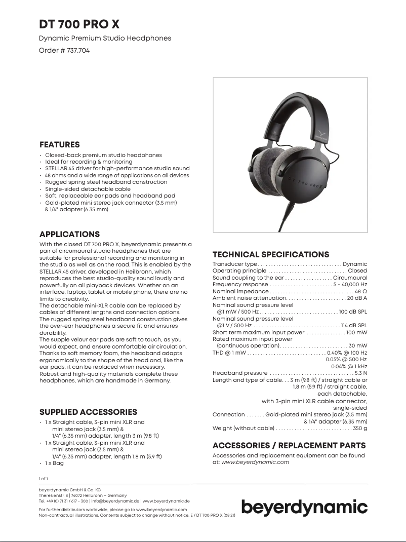 Page 1 de la notice Fiche technique Beyerdynamic DT 700 PRO X