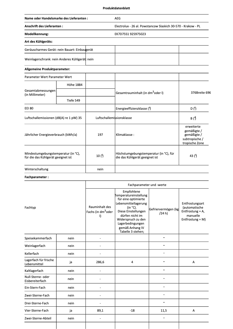 Página 1 del manual Ficha técnica AEG EK7D75S1