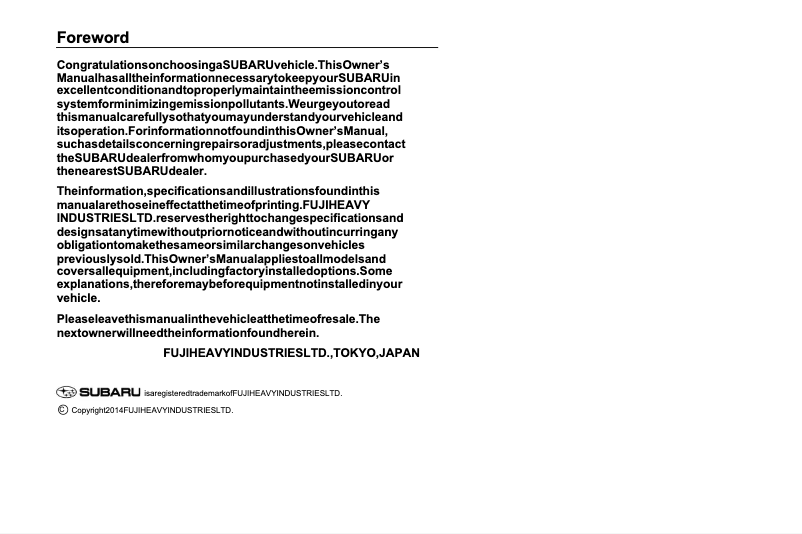 Image de la première page du manuel de l'appareil Crosstrek (2014)