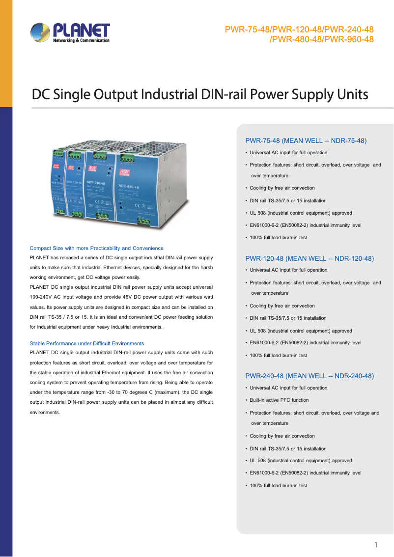 Page 1 de la notice Fiche technique Planet PWR-240-48