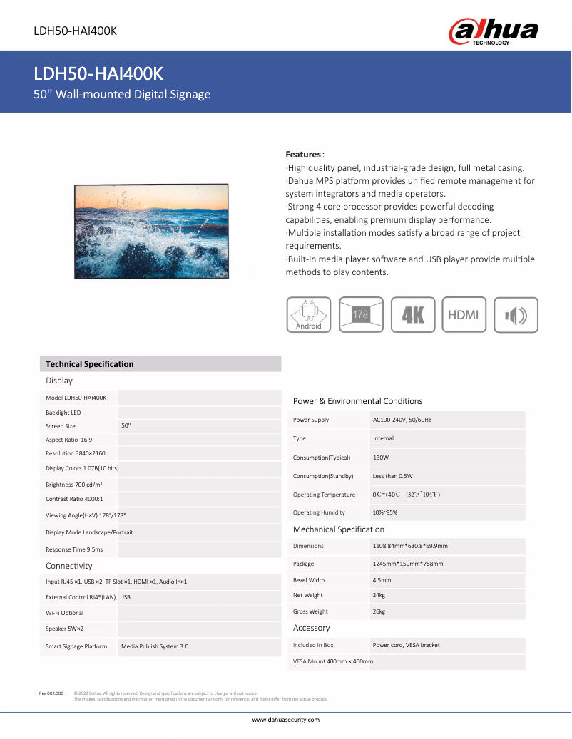 Page n°1 - Fiche technique Dahua Technology LDH50-HAI400K