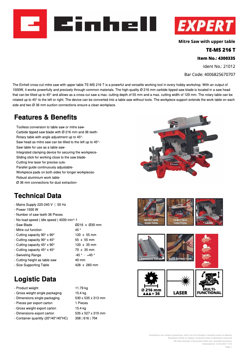 Page 1 de la notice Fiche technique Einhell TE-MS 216 T