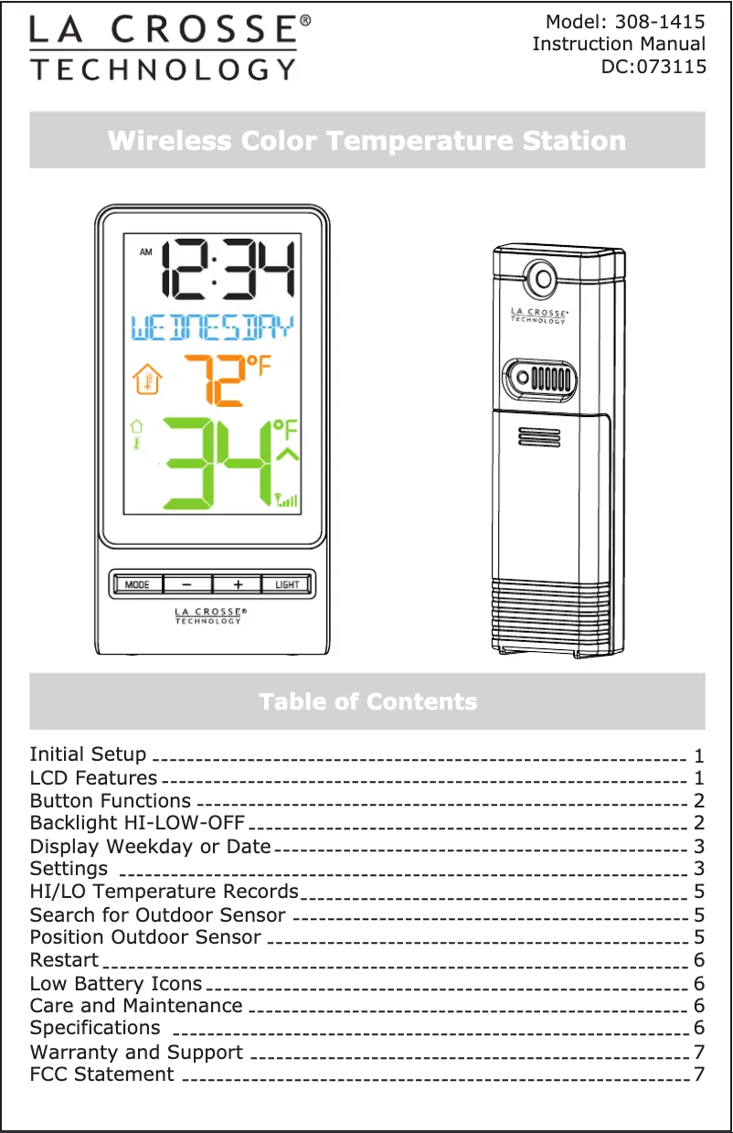 Page n°1 - Manuel utilisateur La Crosse Technology 308-1415