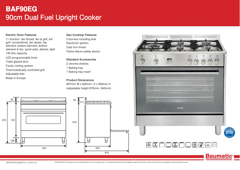 Page 1 de la notice Fiche technique Baumatic BAF90EG