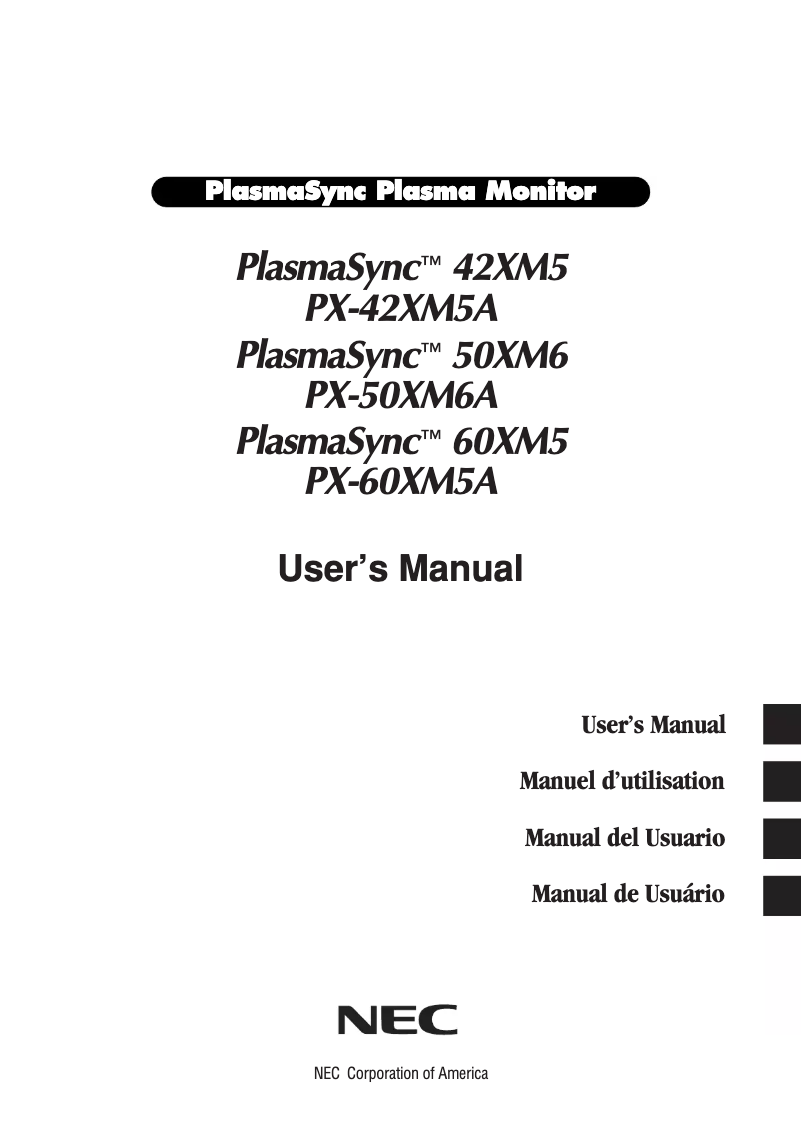 Page 1 de la notice Manuel utilisateur NEC PlasmaSync PX-60XM5A