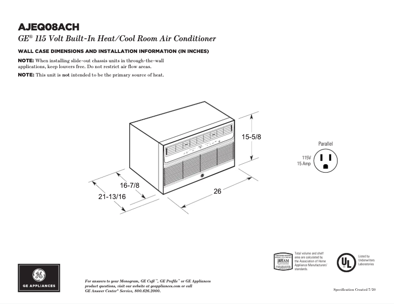 Page 1 of the manual Technical Sheet GE AJEQ08ACH