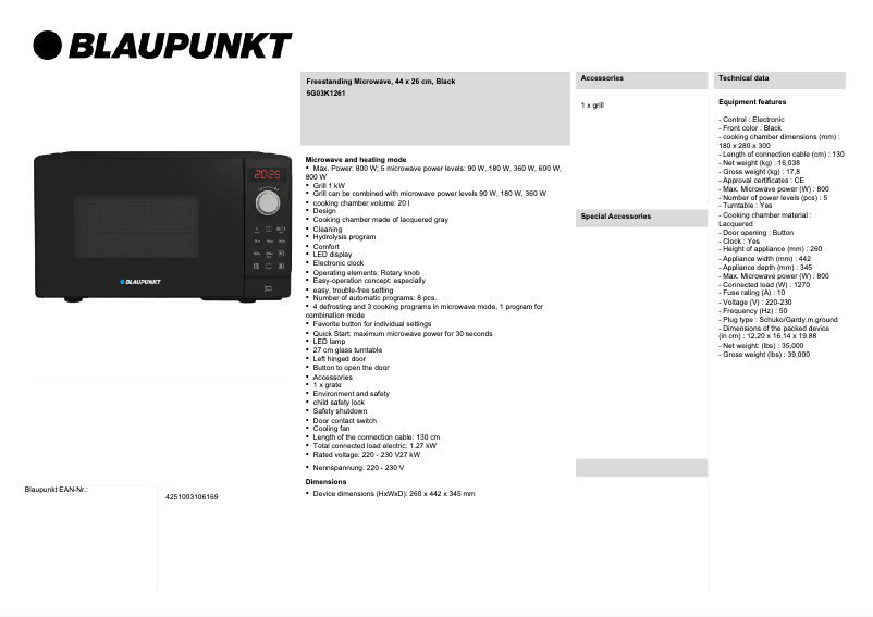 Página 1 del manual Ficha técnica Blaupunkt 5G03K1261