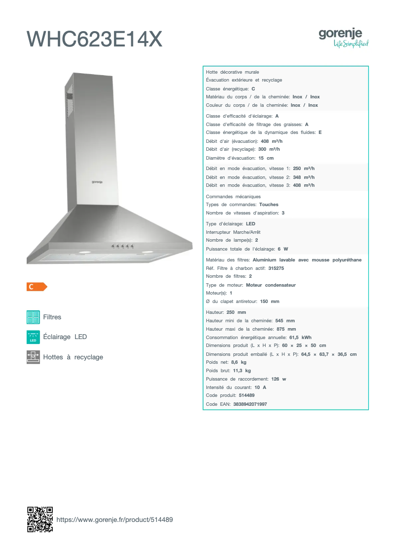 Page 1 de la notice Fiche technique Gorenje WHC623E14X