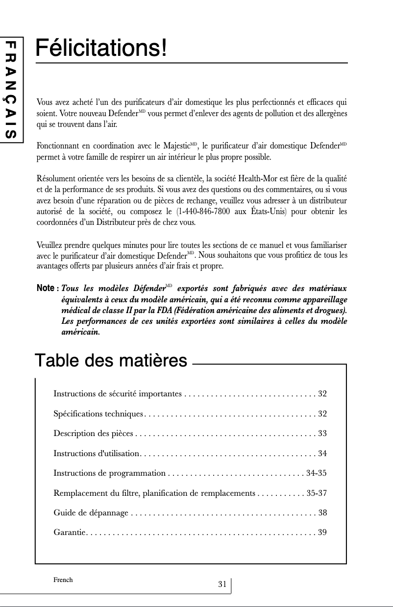 Page 1 de la notice Manuel utilisateur Health-Mor Defender