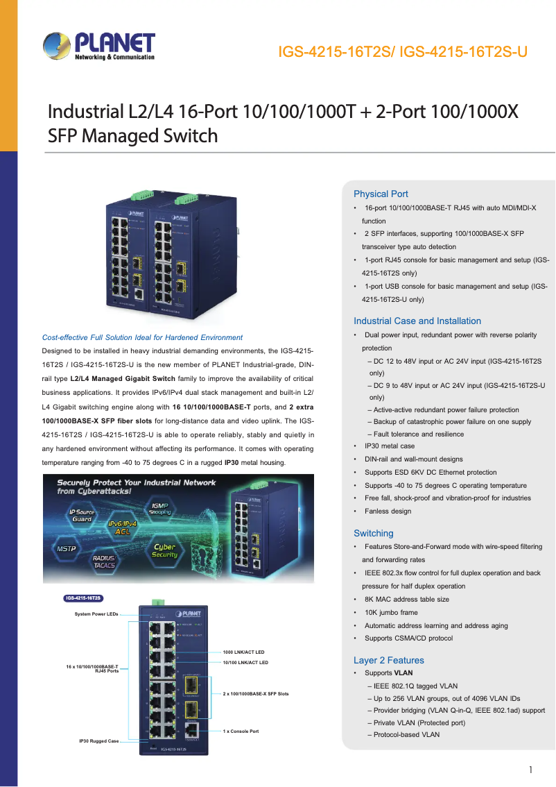 Page 1 de la notice Fiche technique Planet IGS-4215-16T2S