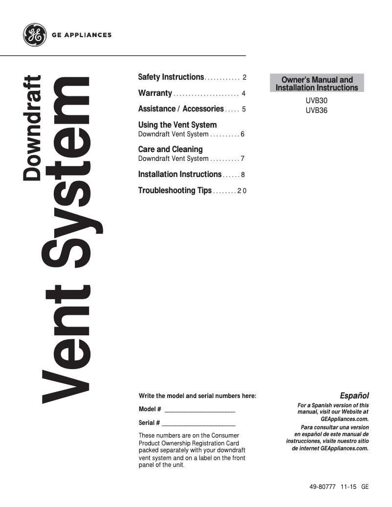 Image de la première page du manuel de l'appareil UVB36DKBB