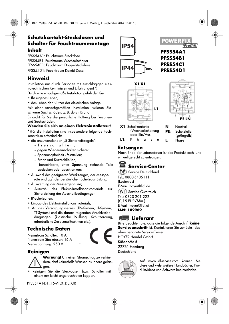 Page 1 de la notice Manuel utilisateur Powerfix PFSS 54 C1