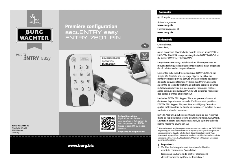 Page 1 de la notice Manuel utilisateur Burg Wächter ENTRY easy 7601 PIN