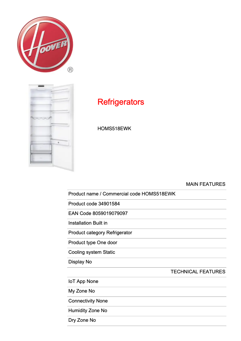 Página 1 del manual Ficha técnica Hoover HOMS518EWK