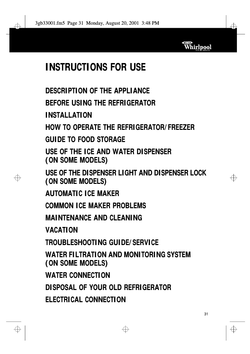 Page 1 de la notice Manuel utilisateur Whirlpool ART745