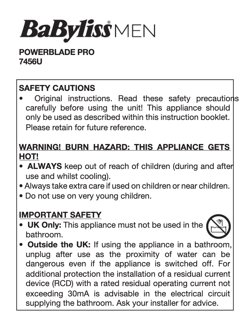 Page 1 de la notice Manuel utilisateur BaByliss Powerblade Pro 7456U
