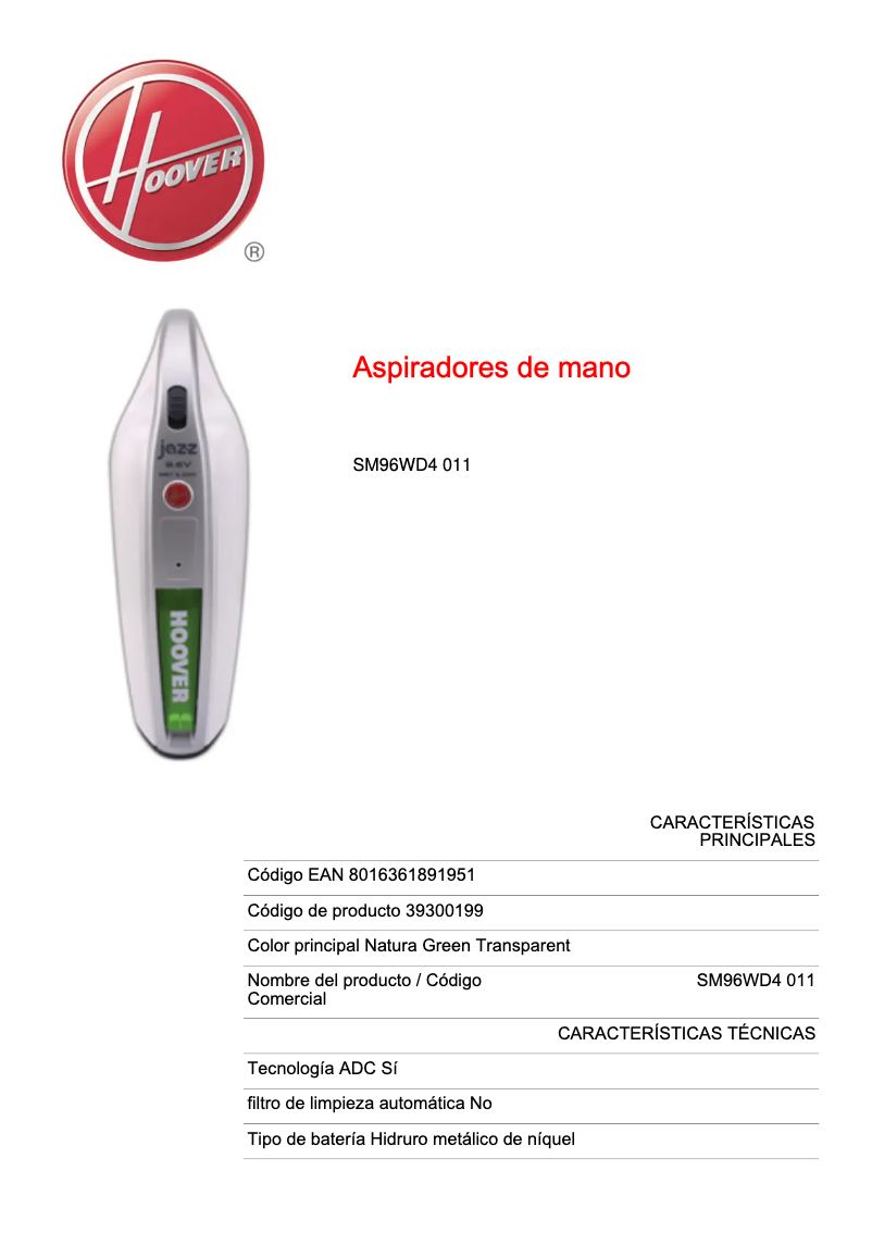 Página 1 del manual Ficha técnica Hoover SM96WD4 011