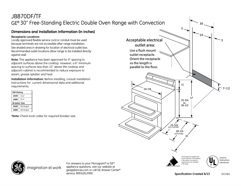 Page 1 of the manual Technical Sheet GE JB870DFBB