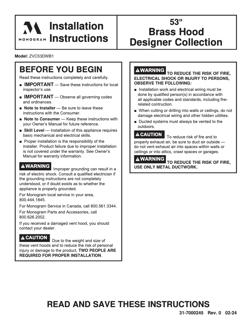 Page 1 de la notice Guide d'installation Monogram ZVC53DWB1