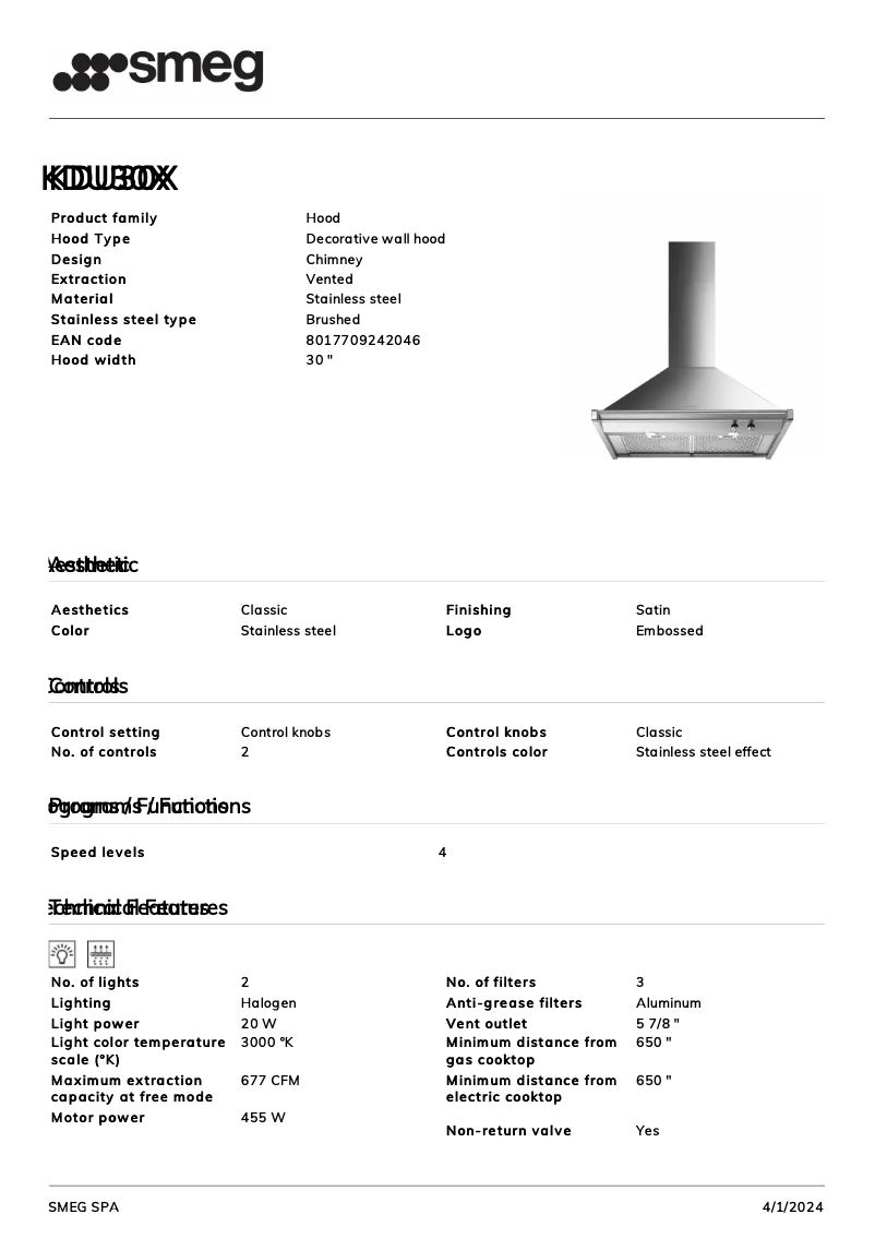 Page n°1 - Fiche technique Smeg KDU30X