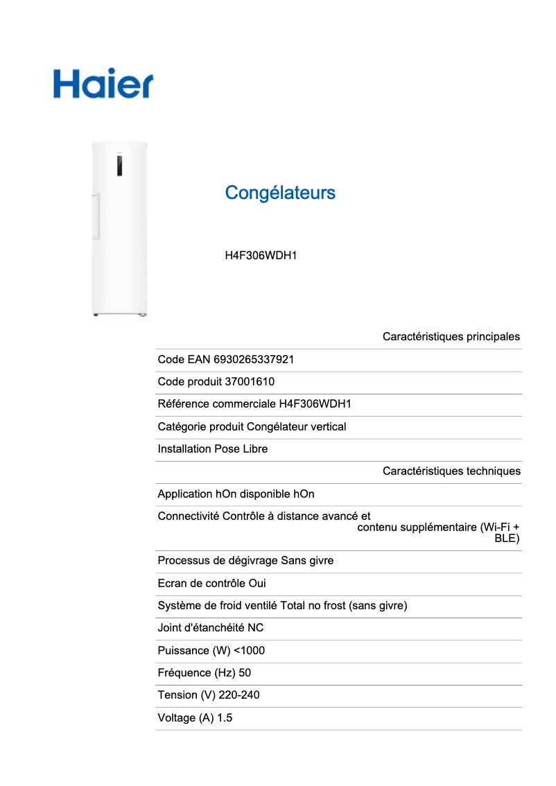 Page 1 de la notice Label énergétique Haier H4F306WDH1