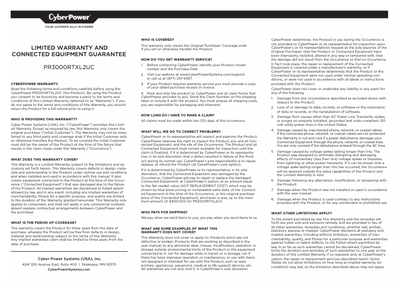 Page 1 de la notice Informations de garantie CyberPower PR3000RTXL2UC