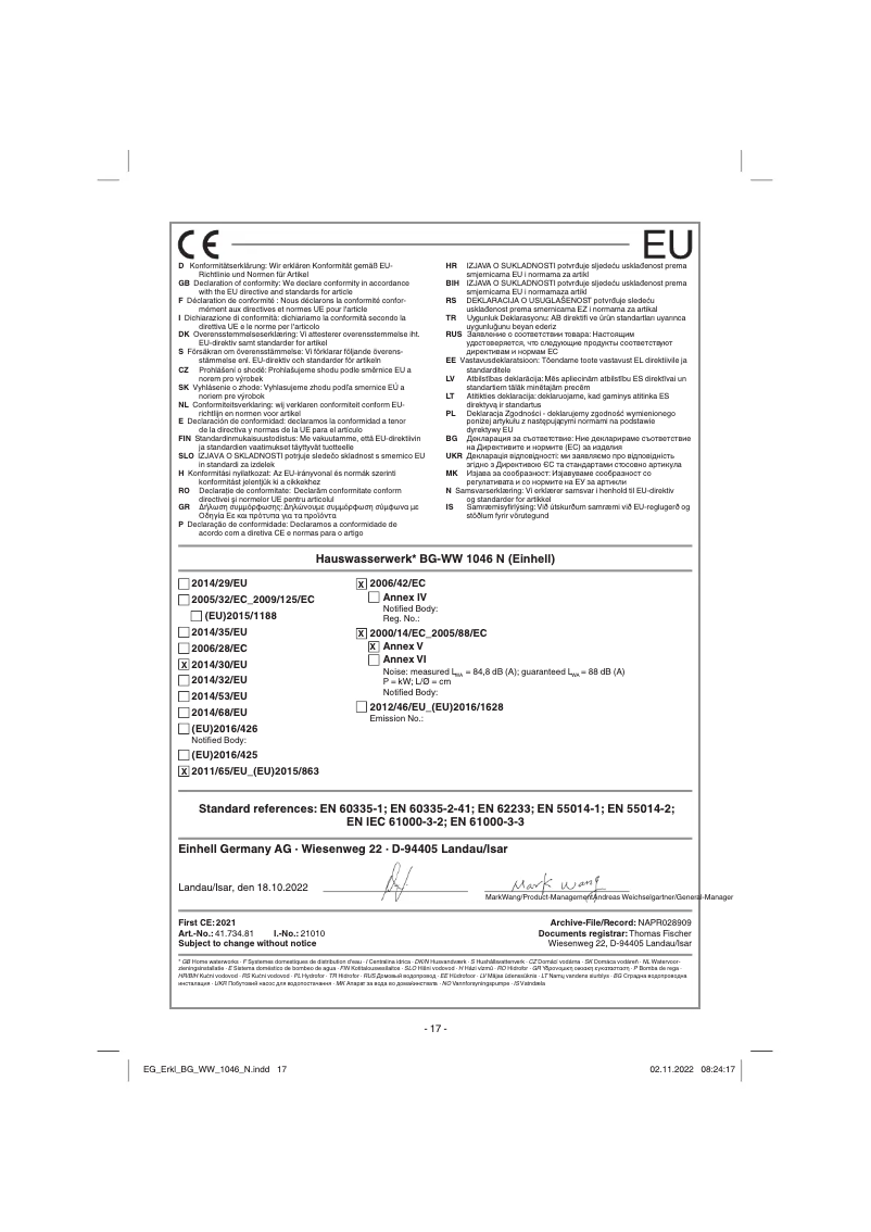 Page 1 de la notice Manuel utilisateur Einhell BG-WW 1046 N