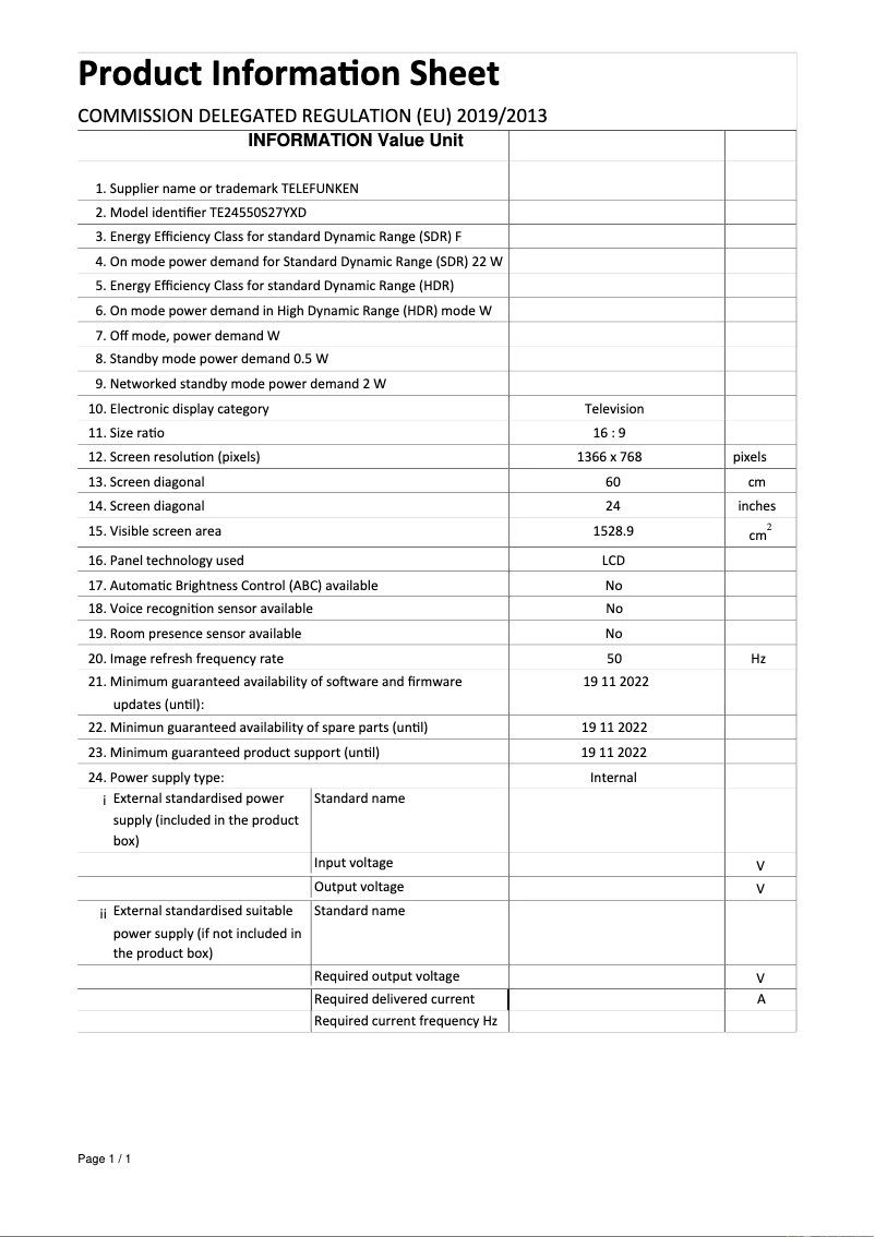 Page 1 de la notice Fiche technique Telefunken TE24550S27YXD