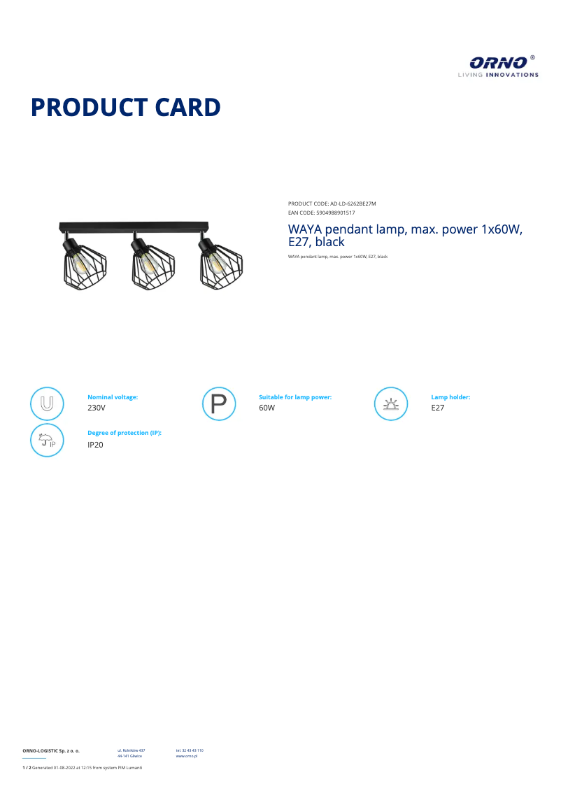 Page n°1 - Fiche technique Adviti AD-LD-6262BE27M