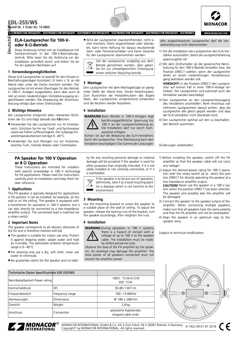 Page n°1 - Manuel utilisateur Monacor EDL-255/WS