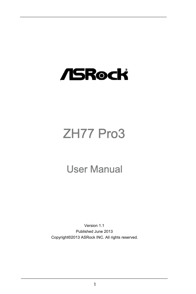 Page 1 de la notice Manuel utilisateur Asrock ZH77 PRO3