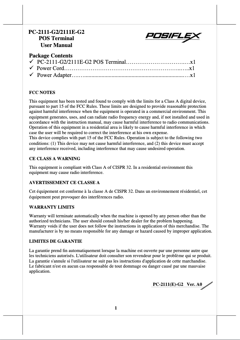 Page 1 de la notice Manuel utilisateur Posiflex PC-2111E-G2