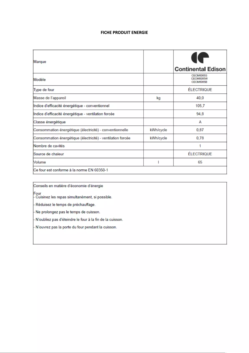 Page n°1 - Label énergétique Continental Edison CECM6065B