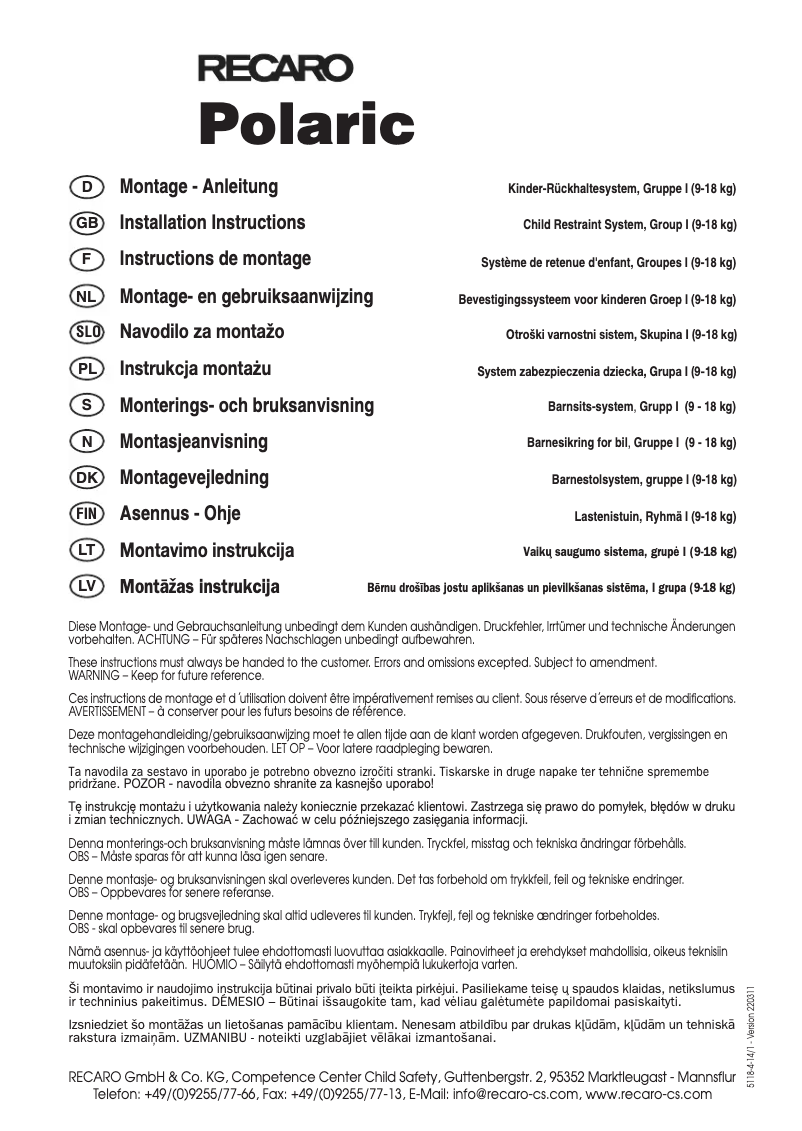 Página 1 del manual Manual de usuario Recaro Polaric