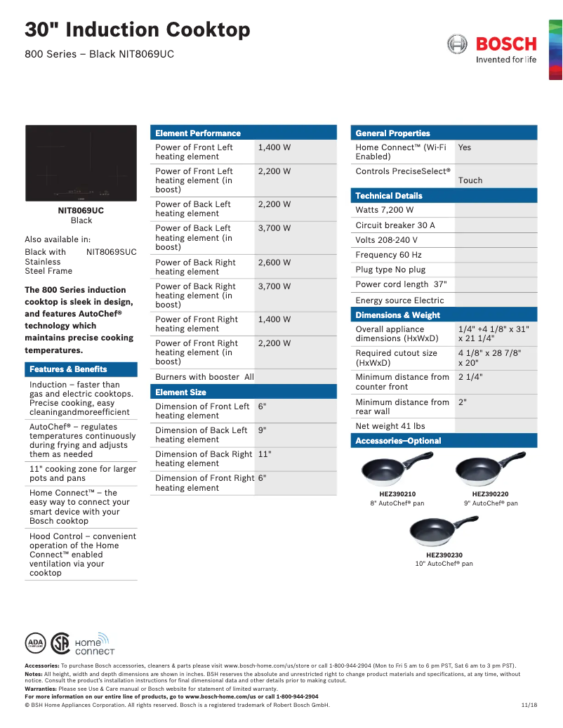 Page 1 de la notice Fiche technique Bosch NIT8069UC