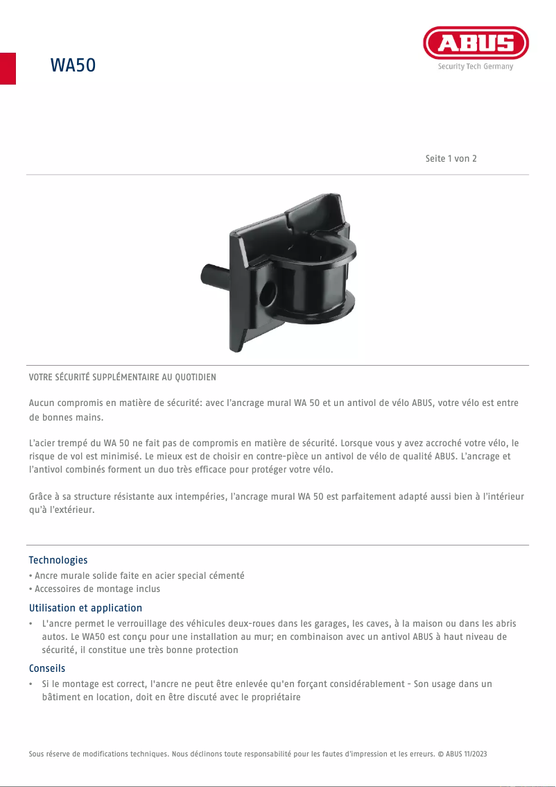 Page n°1 - Fiche technique Abus WA50