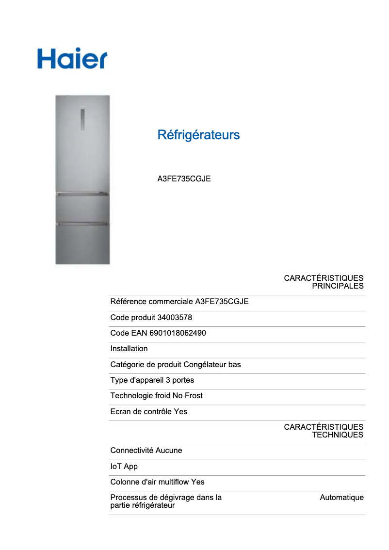 Page 1 de la notice Fiche technique Haier A3FE735CGJE