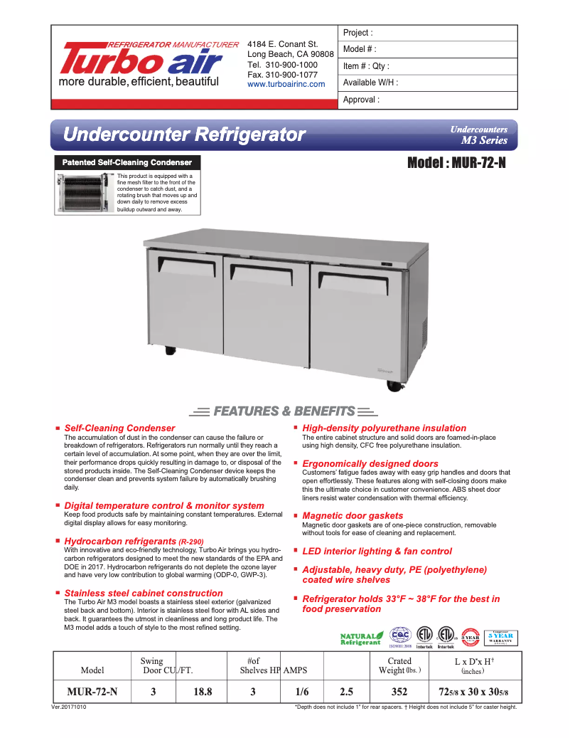 Página 1 del manual Ficha técnica Turbo air MUR-72