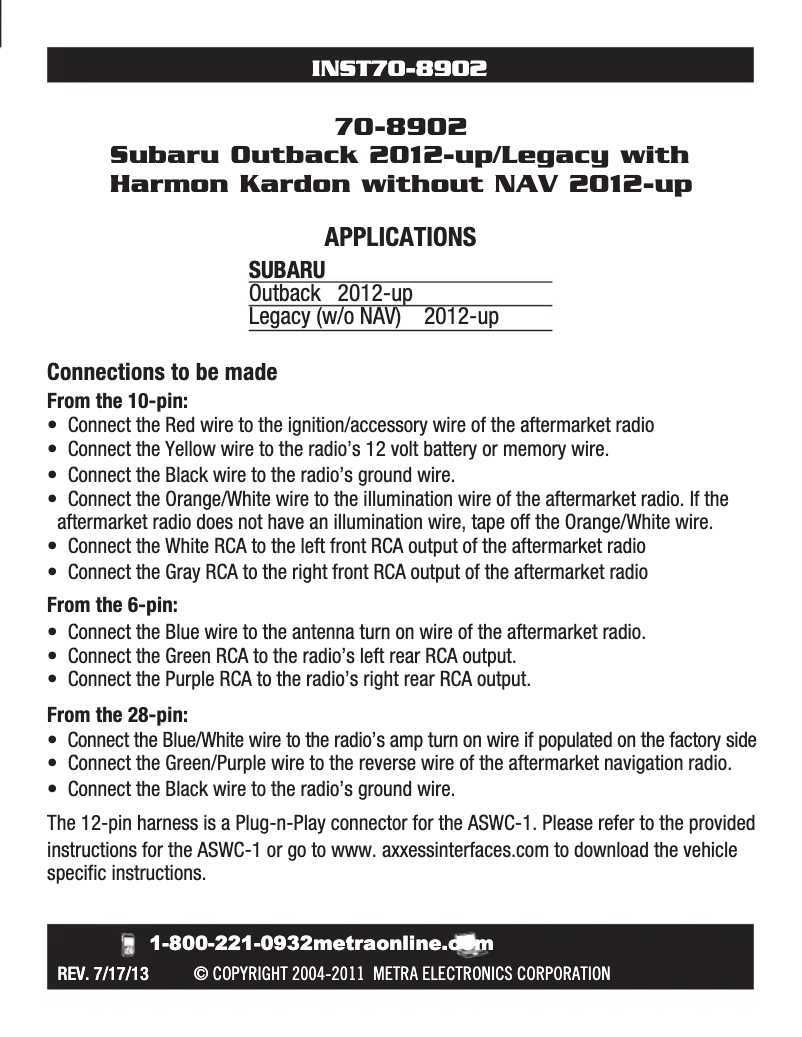 Page n°1 - Guide d'installation Metra 70-8902