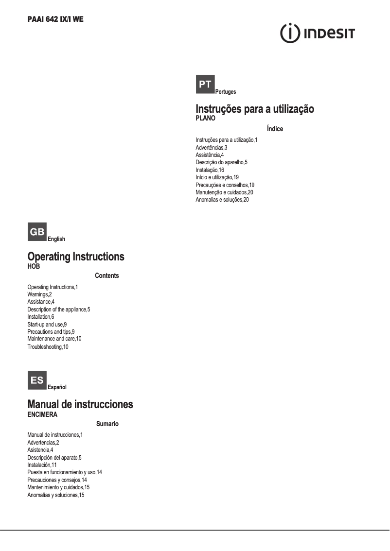Page n°1 - Manuel utilisateur Indesit PAAI 642 IX/I WE