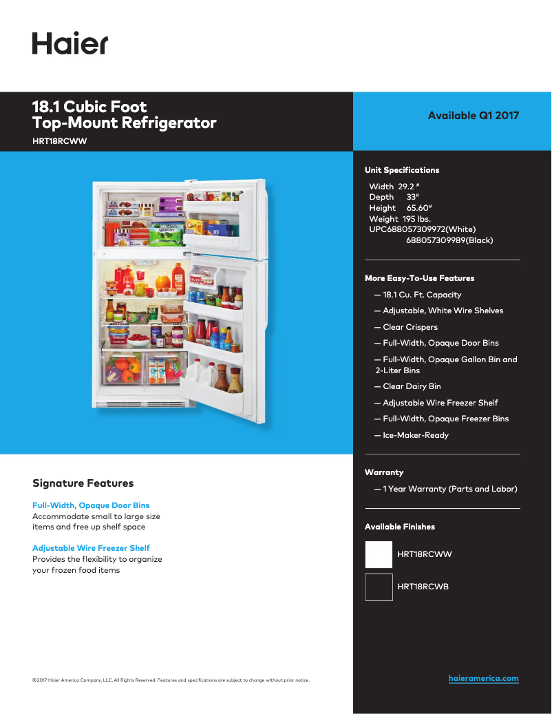 Page 1 de la notice Fiche technique Haier HRT18RCWW
