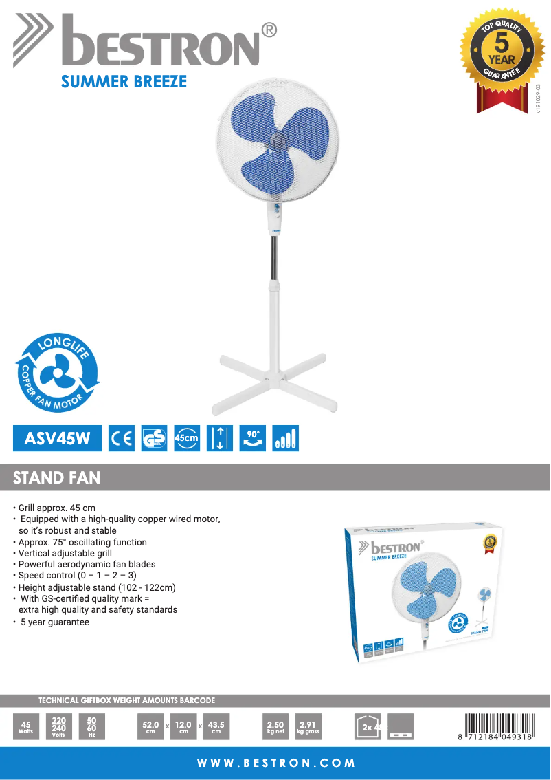 Page 1 de la notice Fiche technique Bestron ASV45W