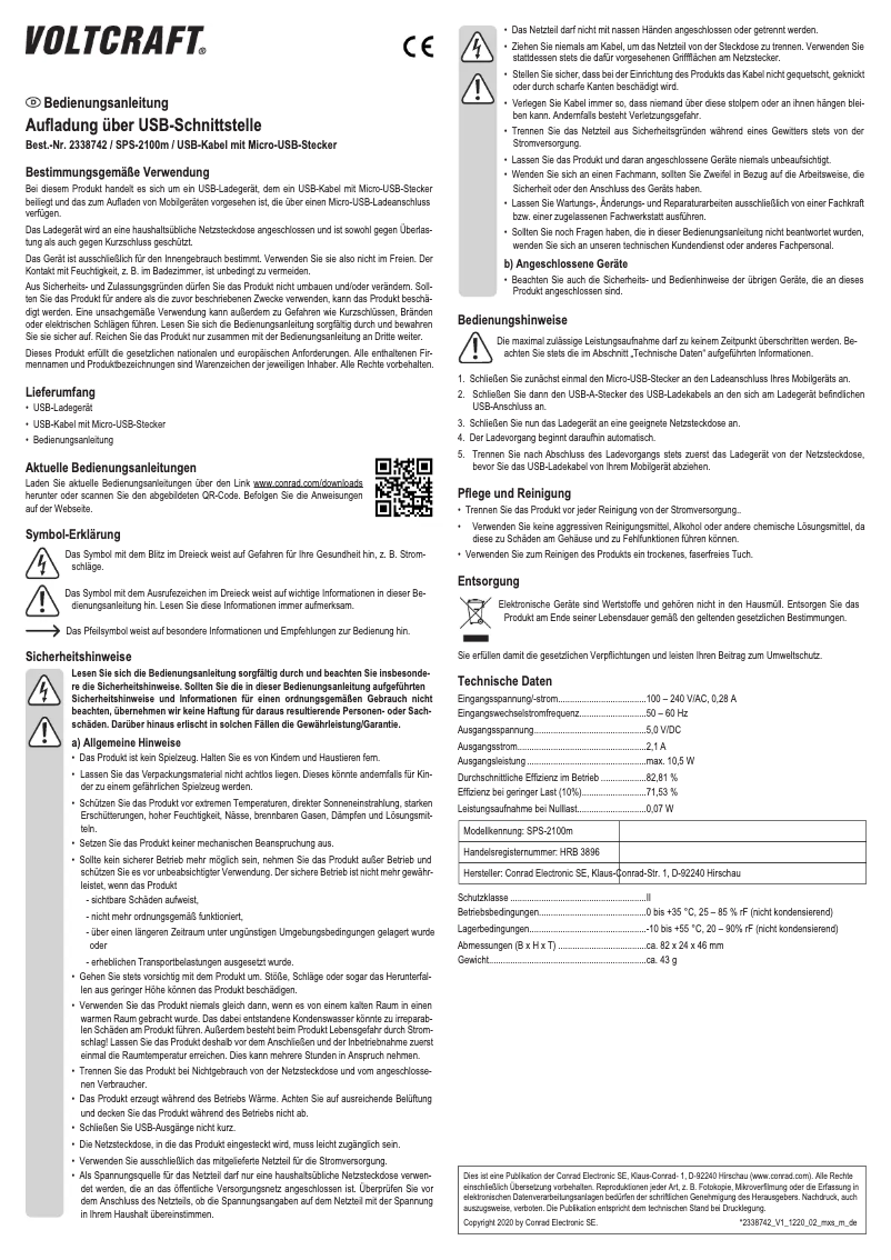 Page 1 de la notice Manuel utilisateur Voltcraft SPS-2100m
