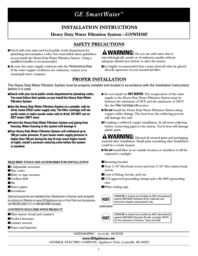 Page n°1 - Manuel d'utilisation et d'entretien GE GNWH38S