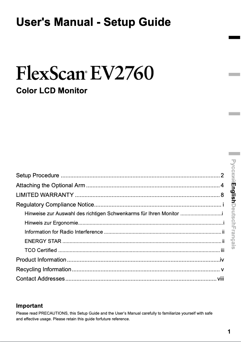 Page 1 de la notice Guide d'installation Eizo FlexScan EV2760